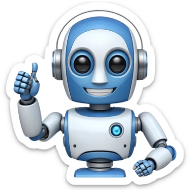 A blue and white robot smiling and winking with one eye, making a thumbs-up sign with one hand. sticker