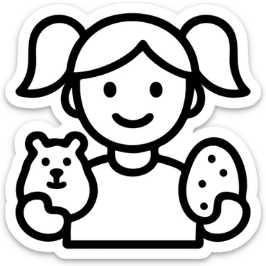 Outlined icon style of a girl with two ponytails holding a hamster and a potato, minimal color sticker