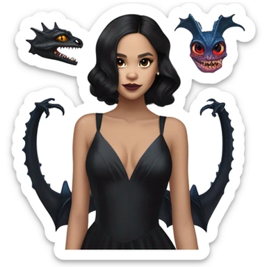 relaxed low cut back silk black evening gown with see-through gloves, Jenna Ortega as Addams woman prom queen wearing a mini tiara, very large blood blue evil-looking horned old dragon companion sticker