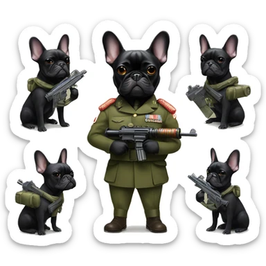 black french bulldog in military uniform with a machine gun sticker