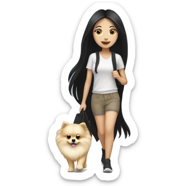 pale girl with long black hair walking with pomeranian sticker