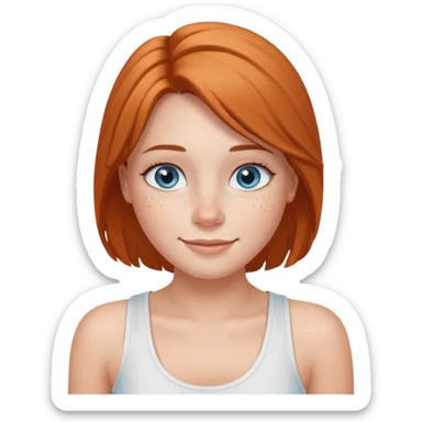 Una chica de tez blanca con pecas, nariz respingada, labios gruesos, ojos grandes color azul grisáceo, pelo largo, lacio, color avellana. Con una blusa de tirantes blanca. Que este sonriendo y q solo se vea de la cintura hacía arriba sticker