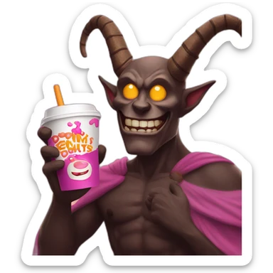 a demon holding a dunkin donuts coffee cup sticker