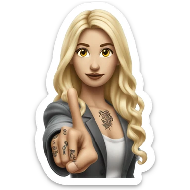 Blonde elegant women with LONG HAIR, her Body Covered with Tattoos, POINTING YOU FORWARD with her HAND with INDEX FINGER, Hyper Realistic sticker