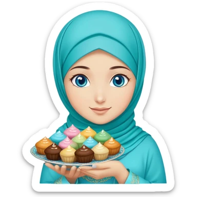 Turkish beautiful finish Konya girl blue eyes with turkis hijab islamic dress and had on her hand text Eid Mubarak with sweets and celebrating with her friends eid days   sticker