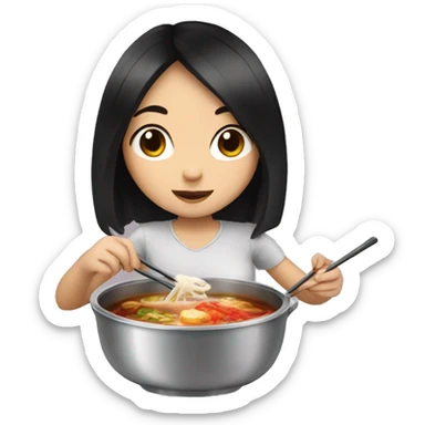 a girl with black hair eating hot pot sticker