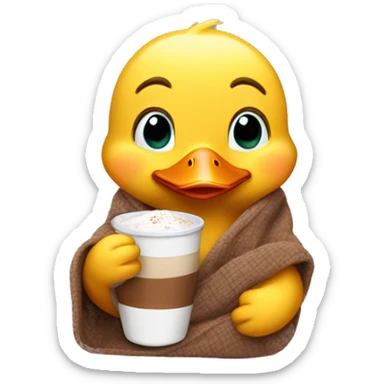 duckling with a glass of cocoa in his hands covered with a blanket sticker