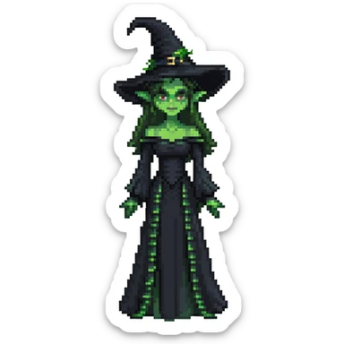 Elphaba from Wicked, green-skinned witch with a black pointed hat and black dress sticker