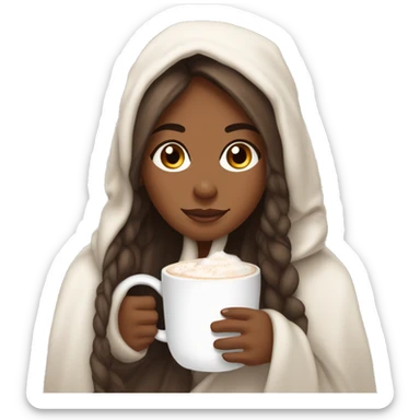 brownskin girl with long straight hair wrapped in a cozy white blanket holding a mug of steaming hot cocoa sticker