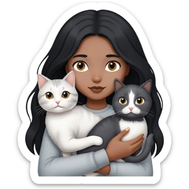 black longhair girl holding a white grey cat sticker