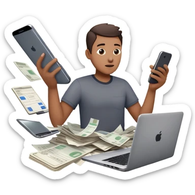 person holding a phone in one hand, laptop open in front, storm of receipts, invoices, and reminders swirling around, multitasking chaos sticker