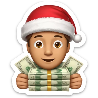 A confident rich emoji face wearing a Santa hat, money stacks, casino vibe, New Year theme, premium 3D emoji style, sharp details, no text, isolated on transparent background sticker