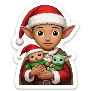mandalorian holding grogu wearing santa hat sticker