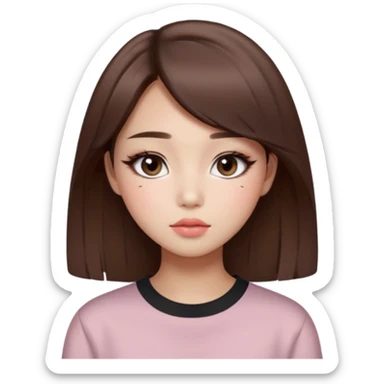 “korean straight brown hair Emoji girl, soft eyeliner and blush, gradient lips, light brown shimmer eyeshadow sticker