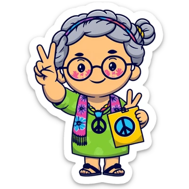 hippie grandma with round glasses, peace sign, tie-dye shirt, grey hair in braids sticker