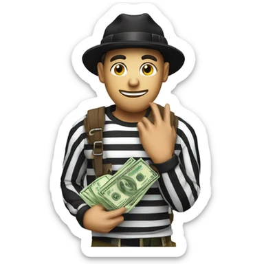 robber wearing criminal striped shirt, a black hat, holding a money sack with a dollar sign on it. sticker