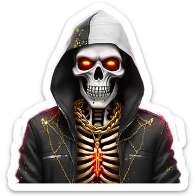 White skeleton zombie person covered in golden chains and black graffiti scribbles and red and silver doodles wings made of neon lightning snowing snowflakes sticker