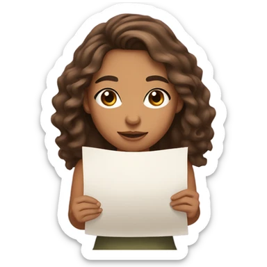 girl with olive skin, brown eyes and brown long wavy hair, holding a paper sticker