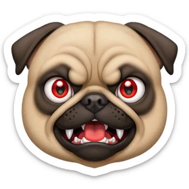 angry pug emoji with intense red eyes, small fangs, black spiked collar, fierce but funny expression, 2D bright and clean style, attitude of fury or rebelliousness with a comic touch sticker
