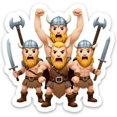 three different vikings scream, weapons in their hands, realistic sticker