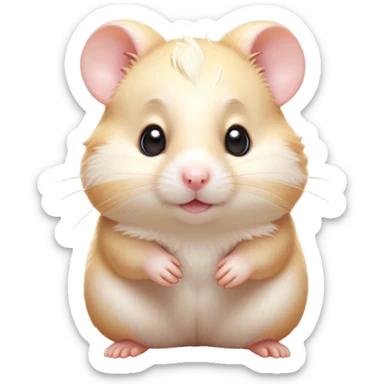 Cinematic Cute Cream Hamster Portrait Emoji, Head tilted playfully and inquisitively, featuring a silky, pristine cream fur with a gentle sheen, round, sparkling dark eyes filled with curiosity, Simplified yet irresistibly adorable features, highly detailed, glowing with a warm, friendly glow, high shine, affectionate and lively, stylized with a touch of whimsy, bright and endearing, soft glowing outline, capturing the essence of a mischievous yet loving hamster, so playful it feels like it could dash out of the screen and into your arms! sticker