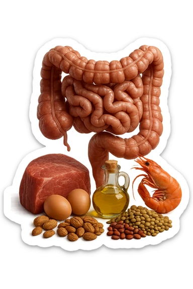 carne, uova, semi oleosi, legumi, crostacei insieme ad INTESTINO umanO realisticO, iperrealistici 4k sticker