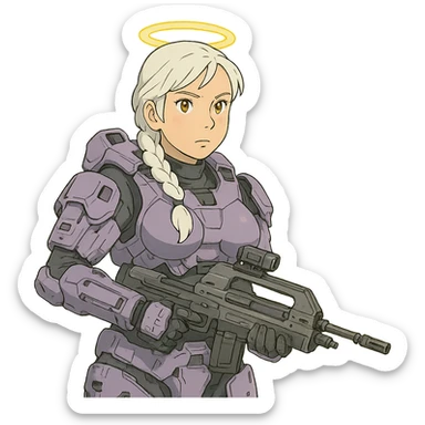 female, wearing reach spartan armor default, long white braid hair, gold yellow eyes, attention pose, halo series, no helmet, the armor is lavender color scheme, shoulder pad off. DDD bust size fitting. Punk gothic cyberpunk, brandishing a dmr sticker