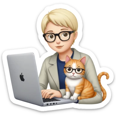 cat sitting next to person working on laptop sticker