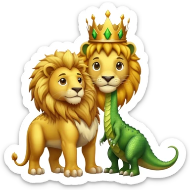 A lion wearing a golden crown standing next to a friendly dinosaur sticker