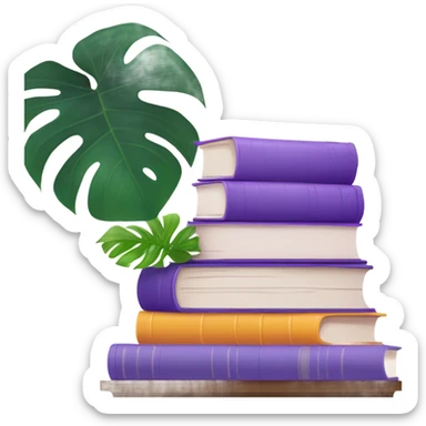 An aesthetically pleasing stack of books with violet covers and behind them a potted monstera  sticker