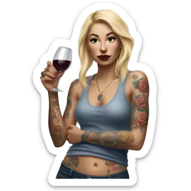Blonde women in, her body covered with tattoos, wine in her one hand, pointing forward with her other hand , Hyper realistic  sticker