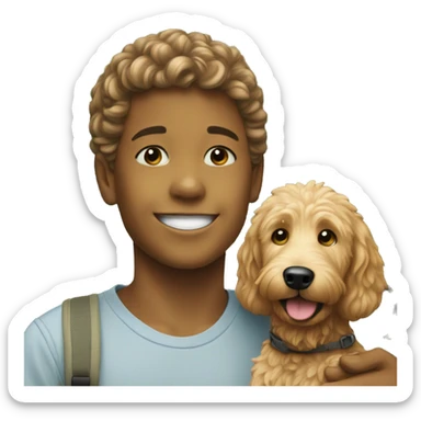smiling boy with goldendoodle outdoors. sticker