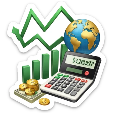 An icon featuring a calculator, a dollar sign, and a chart with upward trends, symbolizing economics. The design includes coins, bills, and a globe, representing global trade and financial systems. Transparent background highlights the study of markets, supply, and demand. sticker