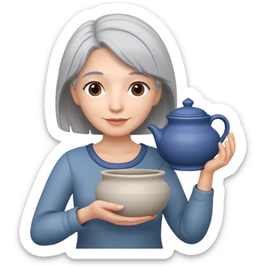 Woman with grey hair with ceramics sticker