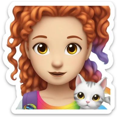 a white girl with long red curly hair in a pony tail with rainbow shirt does peace sign wearing cat ears one black other white sticker