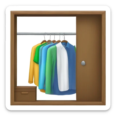 Design an emoji-style icon of an open wardrobe with clothes hanging inside. Include details like a wooden frame, hangers, and colorful clothing items such as shirts or any other clothing . Use a clean and minimalistic design. sticker