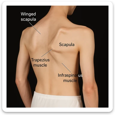 Create a realistic variant of winged scapula inspired by the reference photo, with anatomical labels indicating the pathology and involved structures. sticker