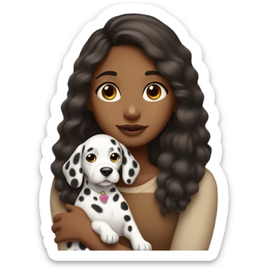 A brown girl with medium to long hair closes her eyes and holds a Dalmatian dog sticker