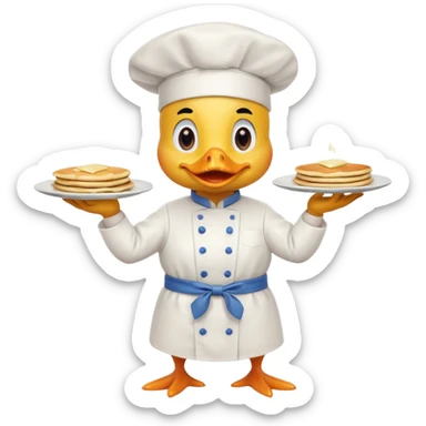 A chef duck wearing a tiny apron, flipping pancakes confidently. sticker