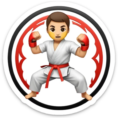 An emblem-style emoji symbolizing striking martial arts. The design features a stylized fighter in a dynamic stance, delivering a powerful punch, surrounded by a circular border with traditional elements like fists and combat symbols. Bold, clean lines with contrasting colors. sticker