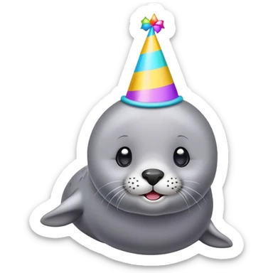 A cute gray seal with colorful birthday party hat, simple mobile emoji style sticker