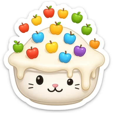 Replace the food in the cute cat food bowl with milk, the bowl is overflowing with milk, keep the adorable cat food bowl style and apple emoji style, no background. sticker