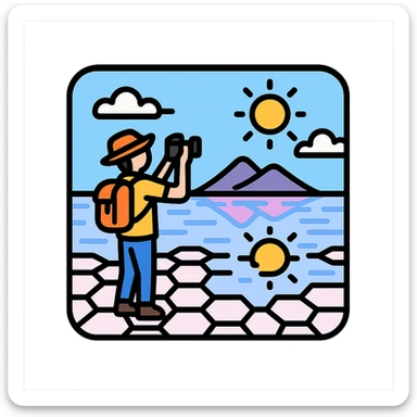 icon style of traveler taking photo in Uyuni desert, standing on salt crystals, wide sky and reflection, bright and wondrous feeling sticker
