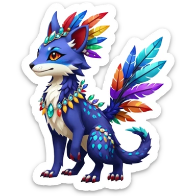Kawaii cute dark deep colorful warm-colored exotic tropical beautiful pretty elegant divine edgy feline-vernid-sergal-Fakémon-Pokémon-fursona-animal-creature with accessories, jewelries, full body, with intricate detailed markings, feathers, crystals, fins, scales, headdress sticker