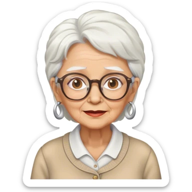 76 year old lady with white hair, glasses nd aa tan sticker