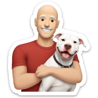 Grey male large pit bull smiling hugging bald white mature man with red tshirt sticker