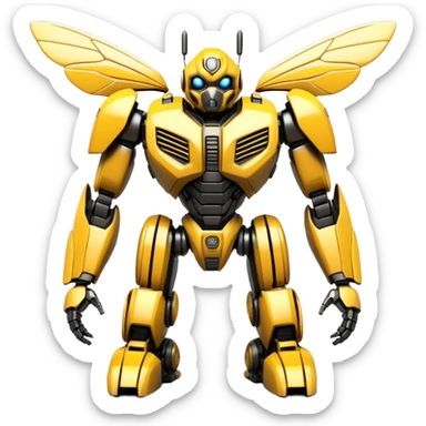 Futuristic robotic bumblebee character in the exact style of Bumblebee from Transformers movies, highly detailed 3D model sticker