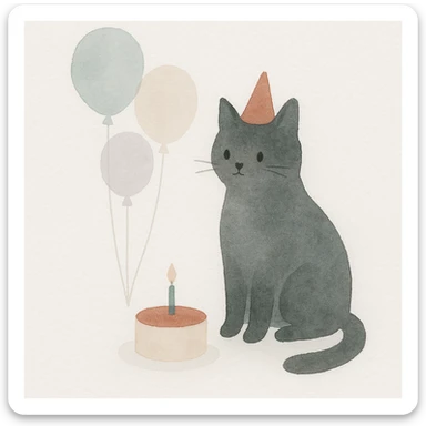 a black cat having a birthday party, watercolor art style sticker