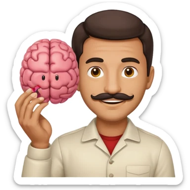 attractive man with dark hair and mustache holding a brain as an emoji sticker