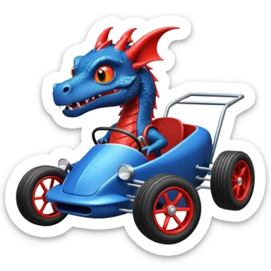 Special air-cooled three cylinder race car whose frame and suspension is made of shopping cart material with a large gas tank, and rear spoiler, is being professionally steered/driven by a small dark dragon  sticker